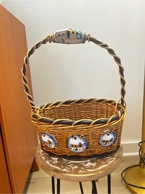 Italian Woven Decorative Basket with Ceramic House Accents - Yellow Brown